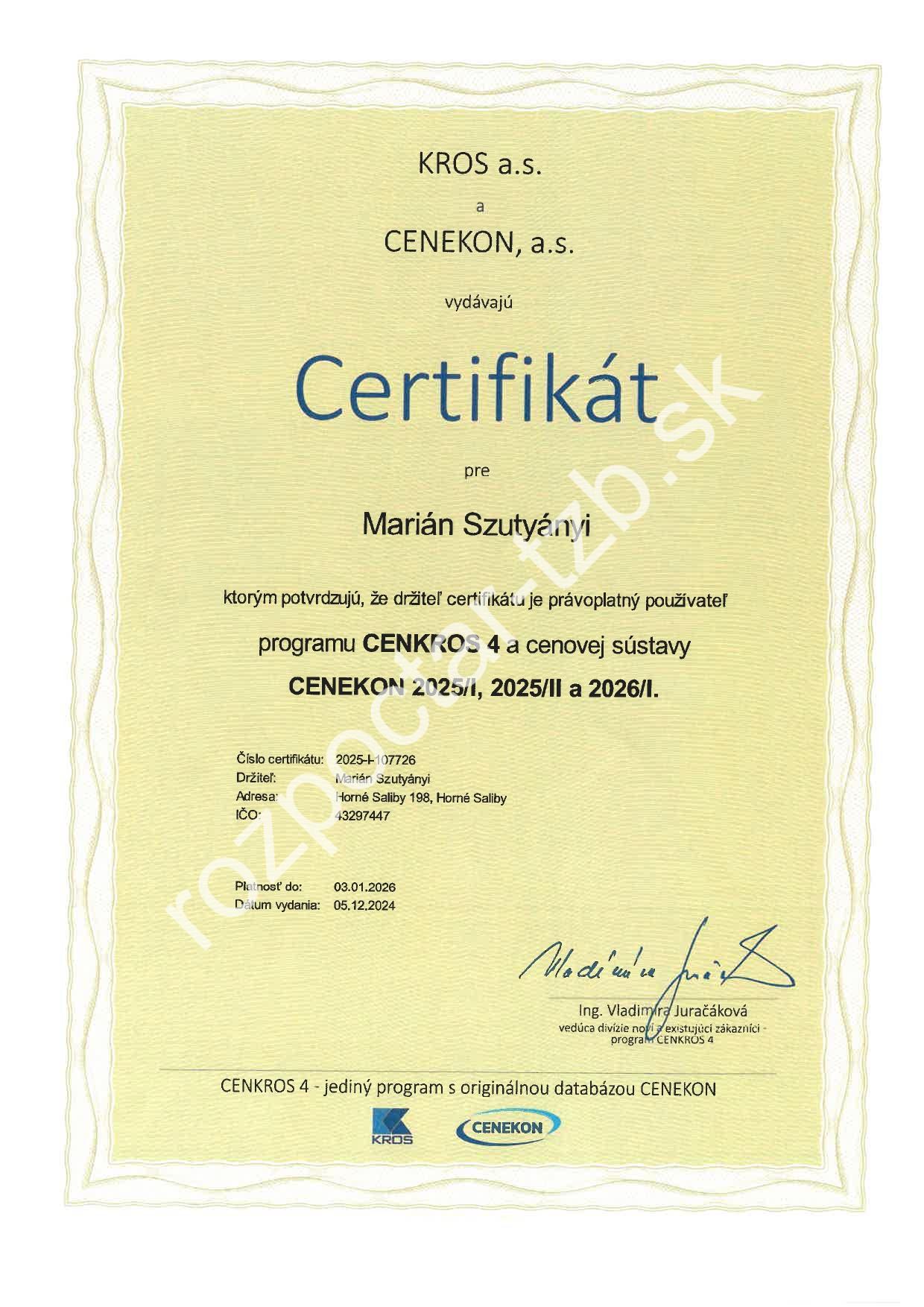 Certifikát CENKROS 4 / CENEKON