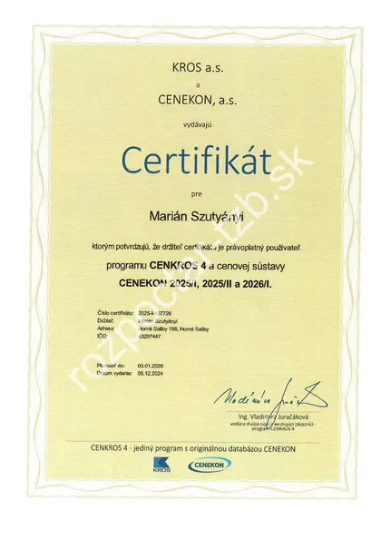 Certifikát pre program CENKROS 4 a cenovú sústavu CENEKON